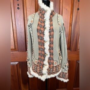 Roberta Frost Hand Knit Cardigan Sweater Alpaca Rabbit Fur Trim Medium !!